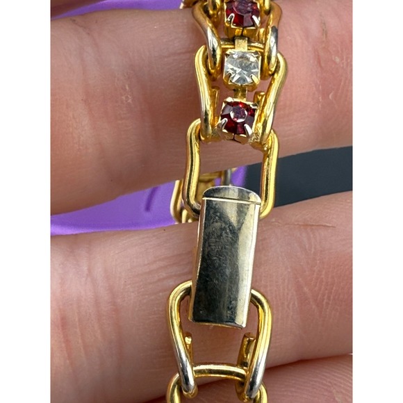 Gold Tone Rhinestone Bracelet Red White‎ 7" - Picture 4 of 8